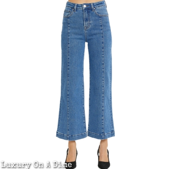 RISEN High-Rise Waist Blue Jeans Retro Wide Leg Front Seam Boyfriend Denim Pants - Picture 2 of 16